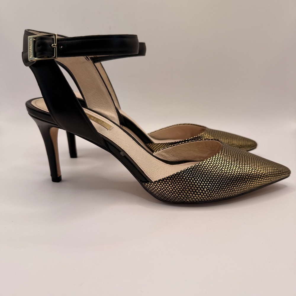 Louise et Cie Womens Black Gold Metallic Pointed Toe Ankle Strap Pumps Size 8M